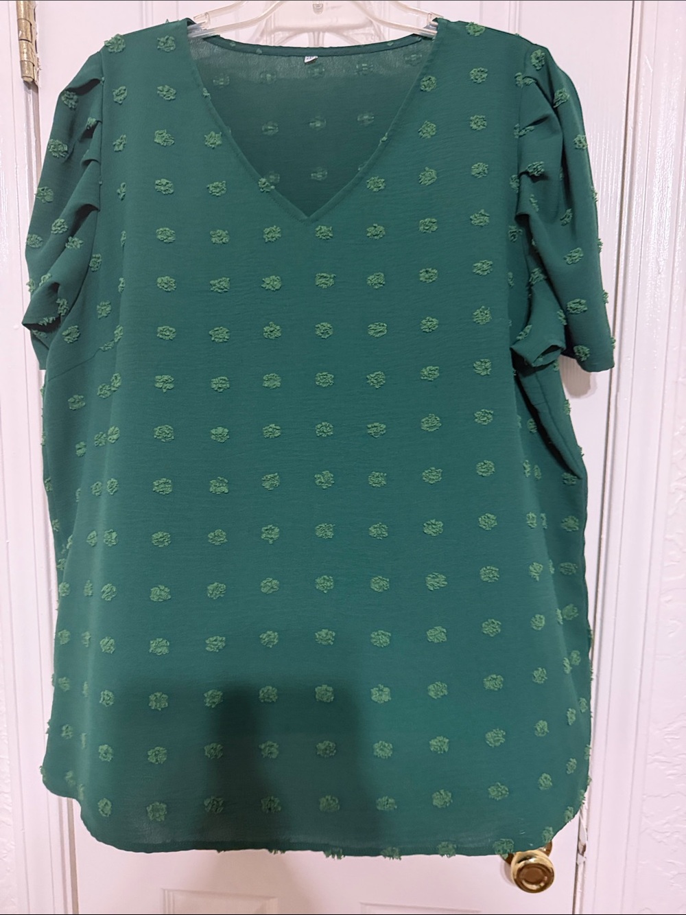 V-Neck Green Textured Dot Women's Blouse